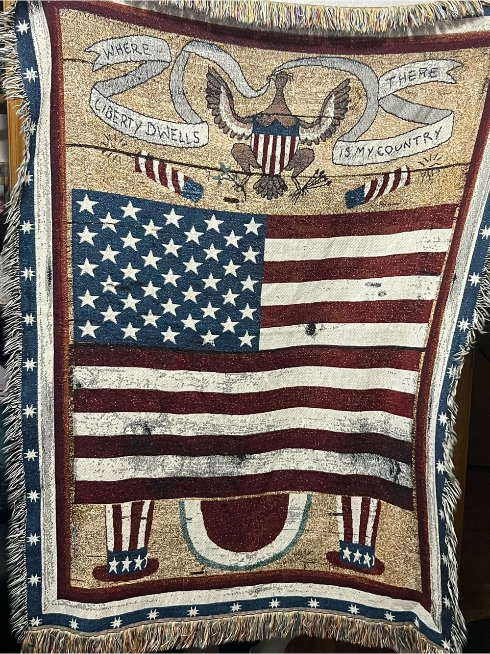 Vintage American Flag Tapestry Throw Blanket Made in USA Patriotic 4 July Deco